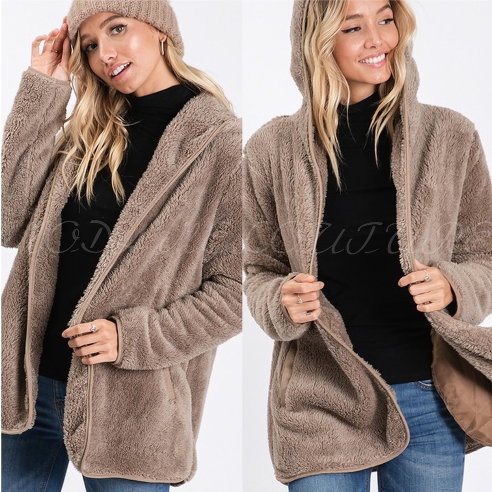 Cozy Sherpa Fur Hoodie Teddy Coat - Tan - Picture 2 of 5